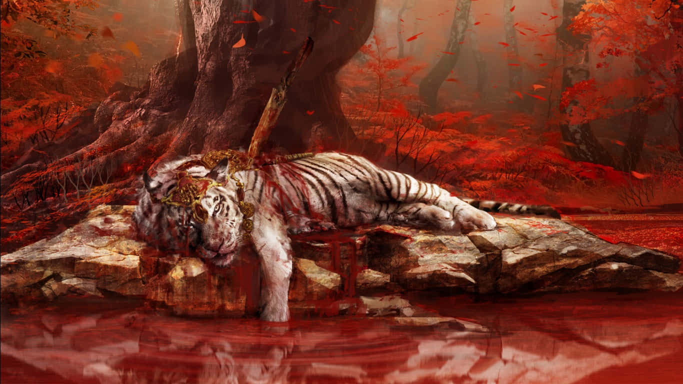 پس‌زمینه 1366x768 Far Cry 4 با ببر خونین در حال مرگ والپیپر