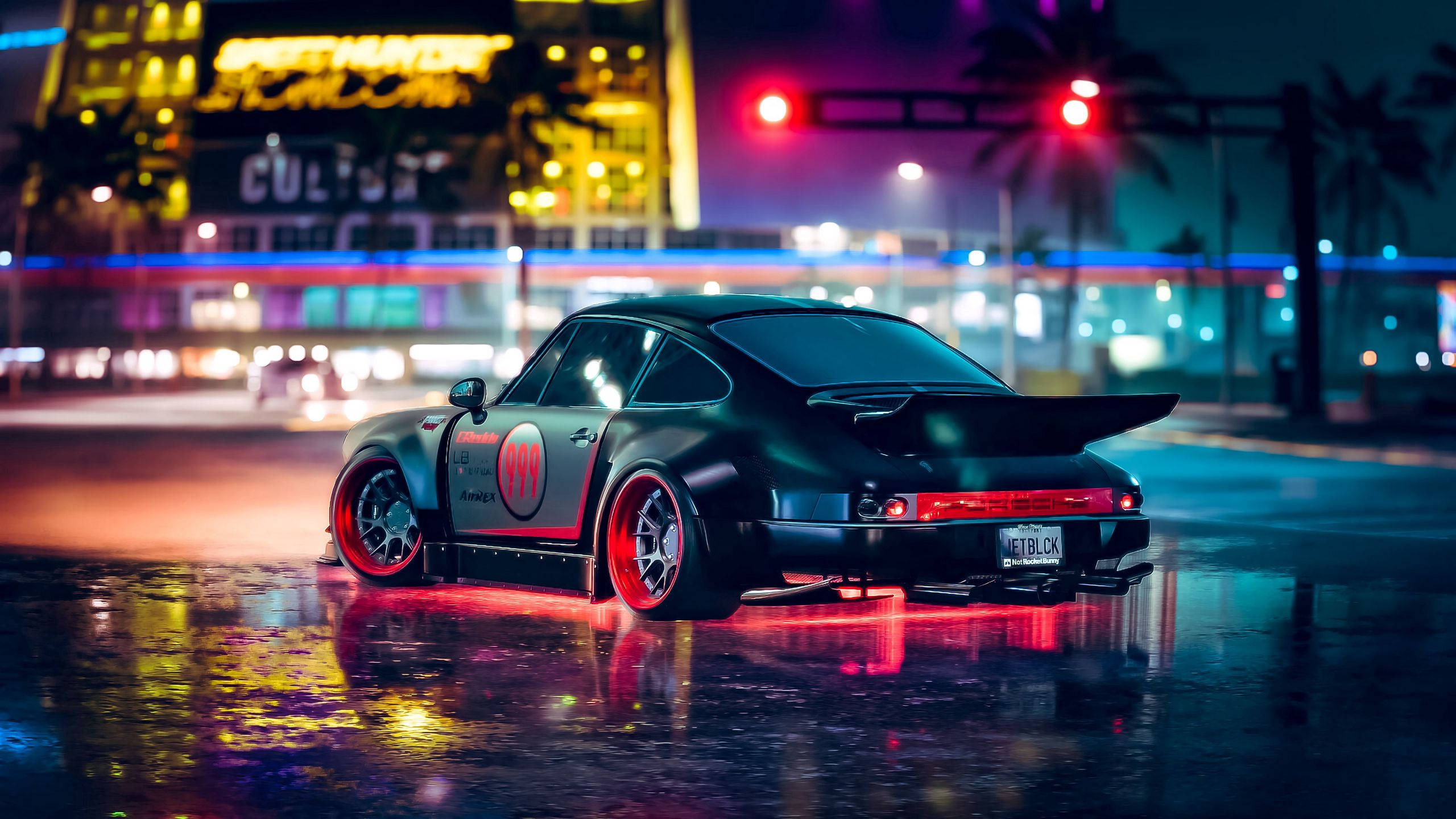 2560 X 1440 ماشین پورشه در نور نئون والپیپر