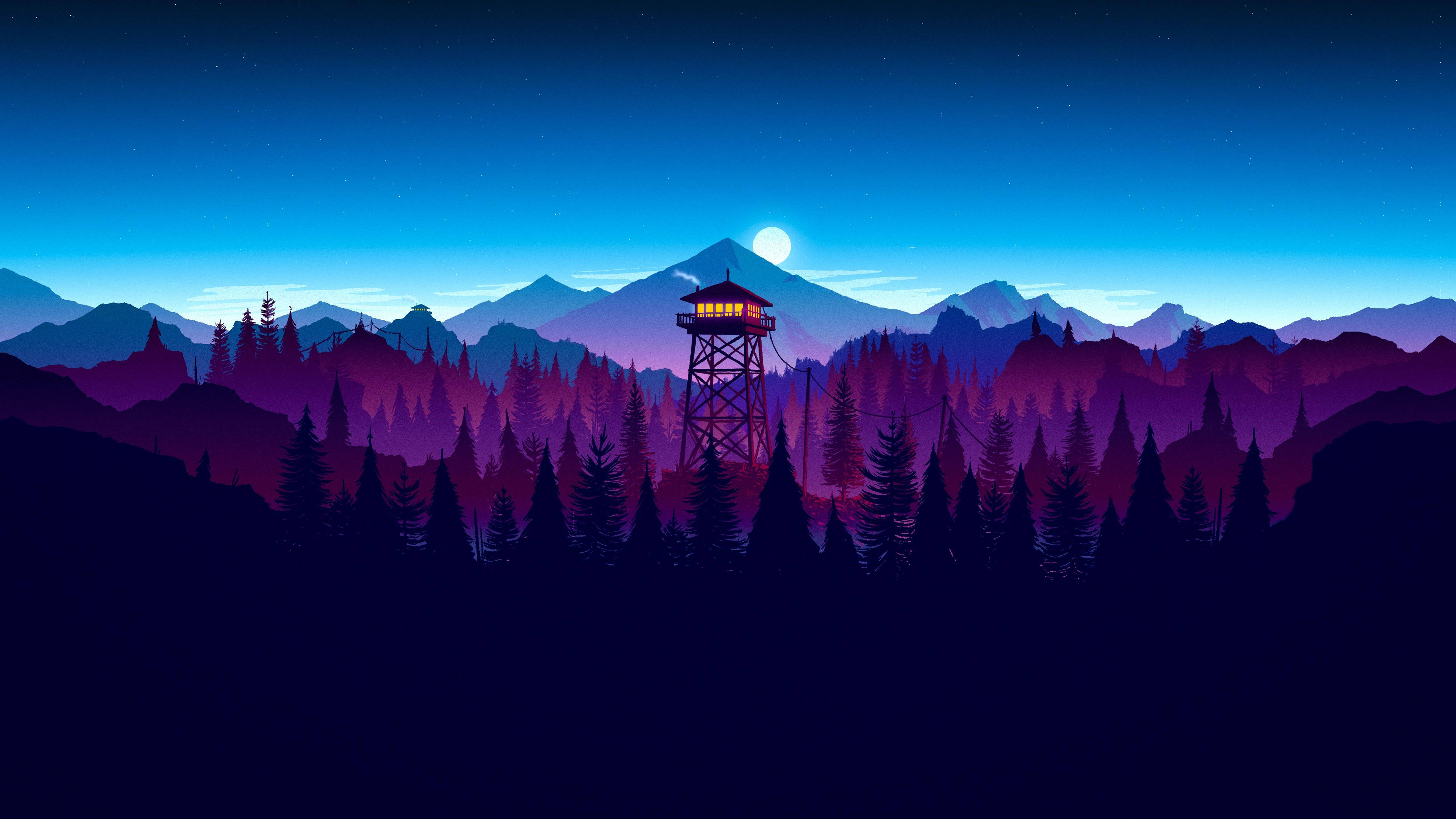 4K Firewatch سیلوئت بنفش جنگل والپیپر