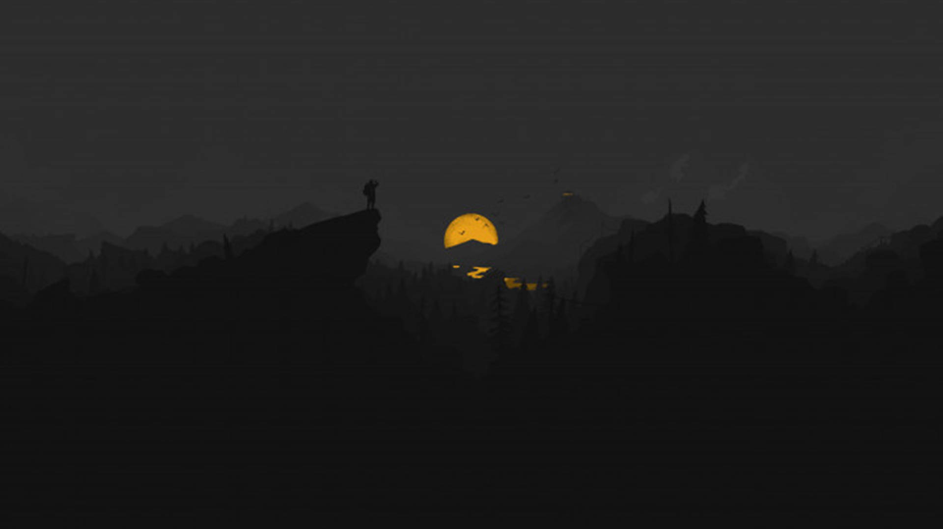 4K Firewatch ماه زرد و رودخانه — آسمان شب والپیپر