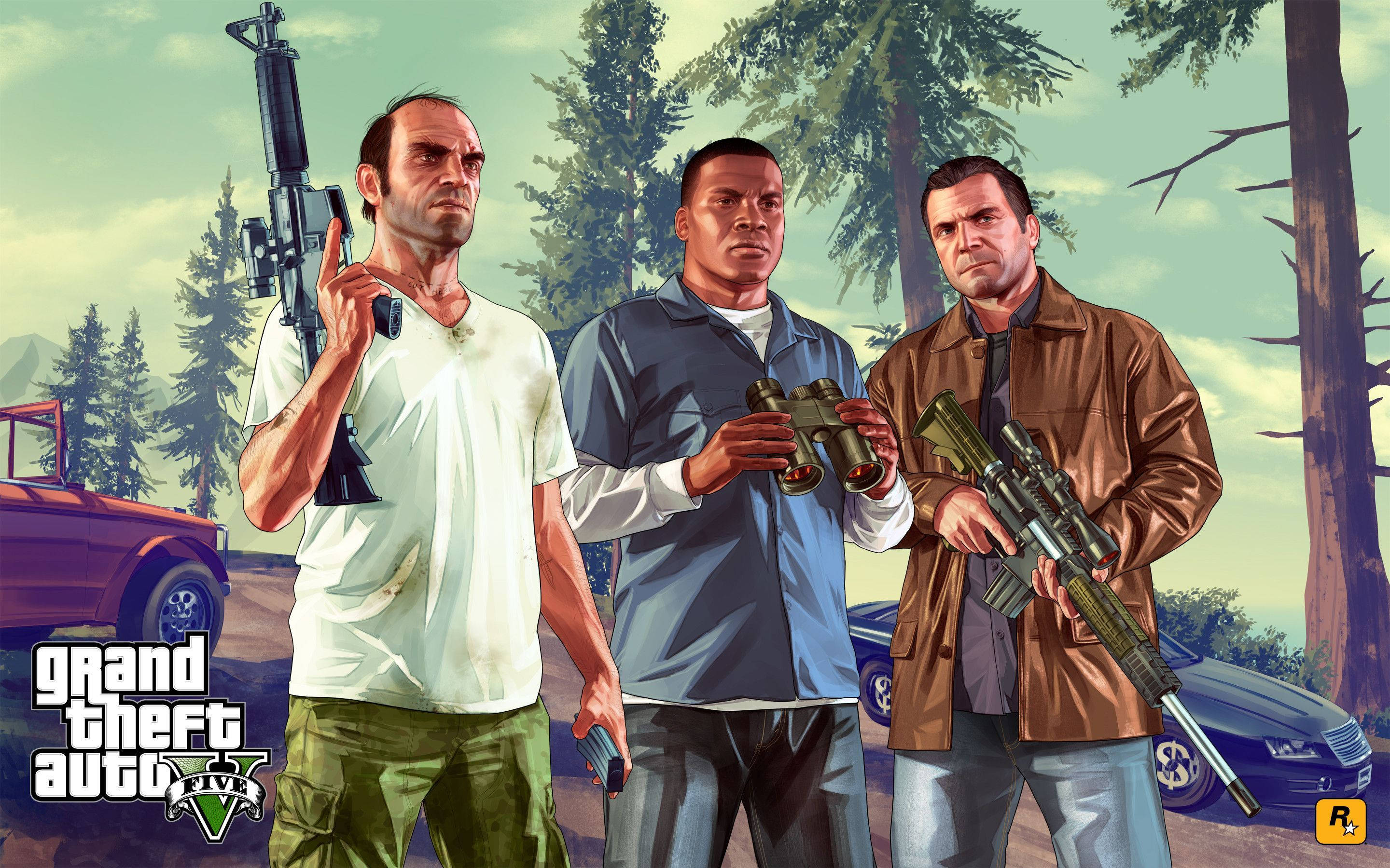 4K GTA 5 تروور فرانکلین مایکل با اسلحه والپیپر