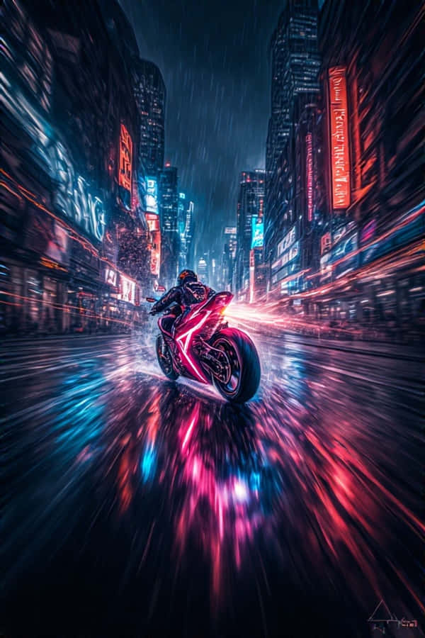 تعقیب موتورسیکلت نئون در شهر تاریک پویا 4K والپیپر