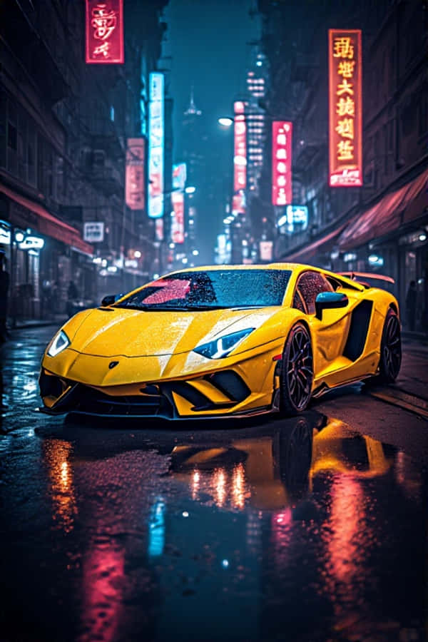 والپیپر پرتره 4K لامبورگینی زرد نئونی در شب با چراغ‌های شهر، آینده‌نگرانه والپیپر