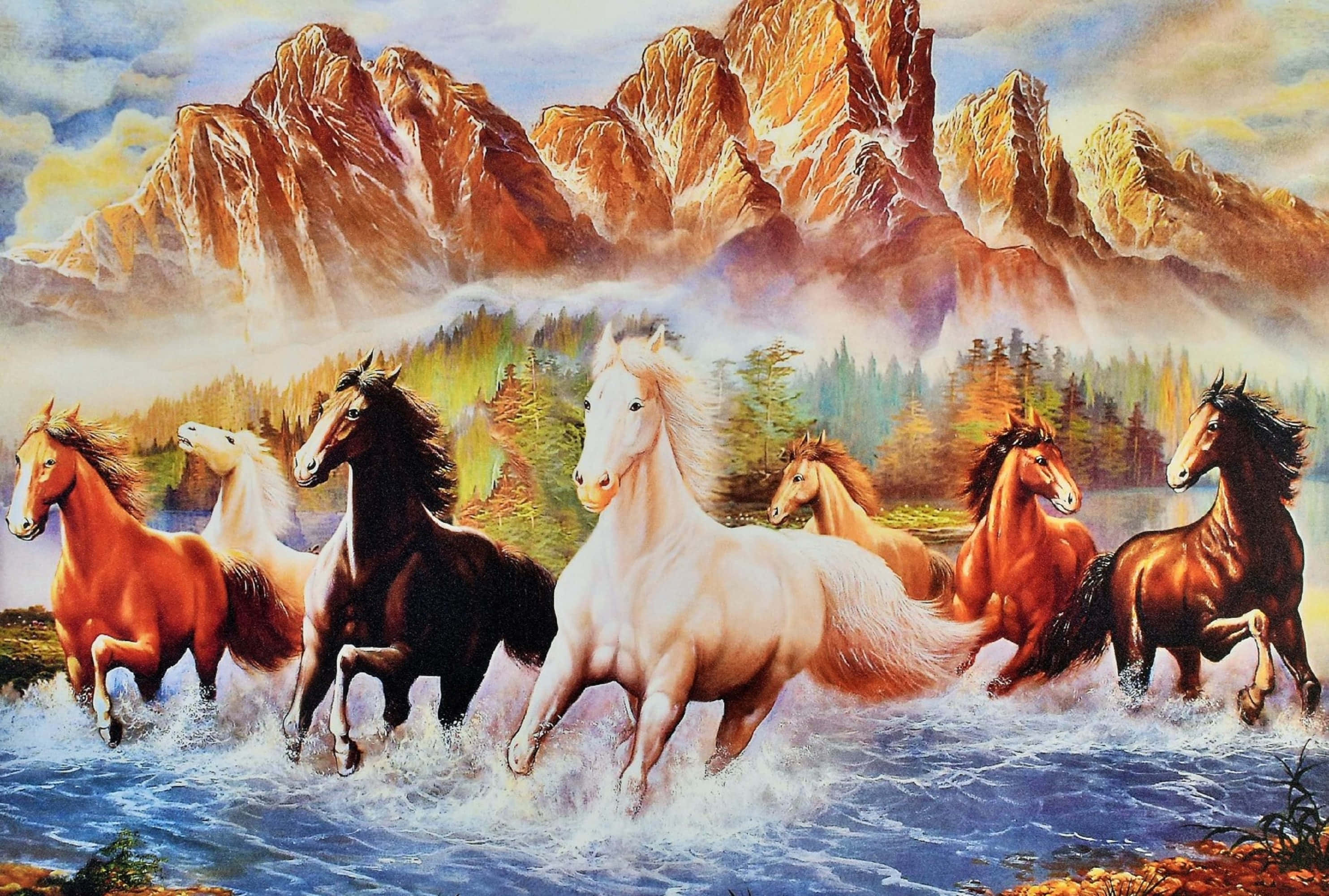7 اسب در حال عبور از رودخانه والپیپر