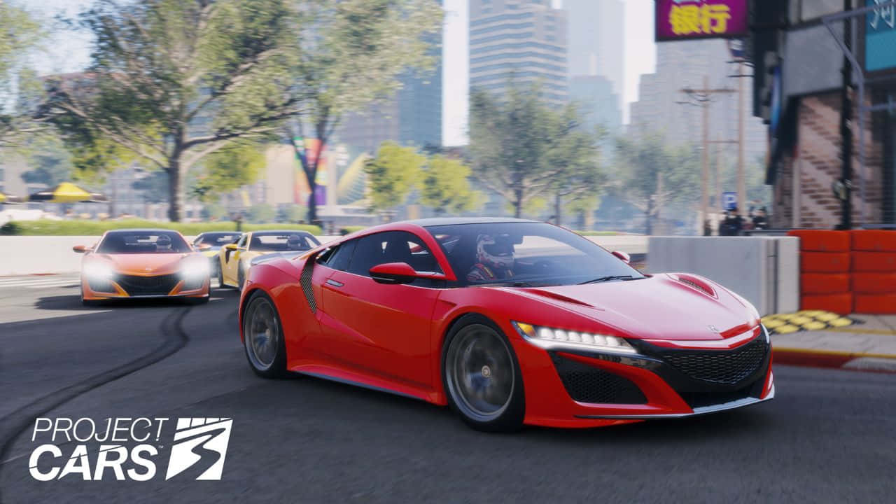 پس زمینه 720p ماشین قرمز درختان Project Cars والپیپر