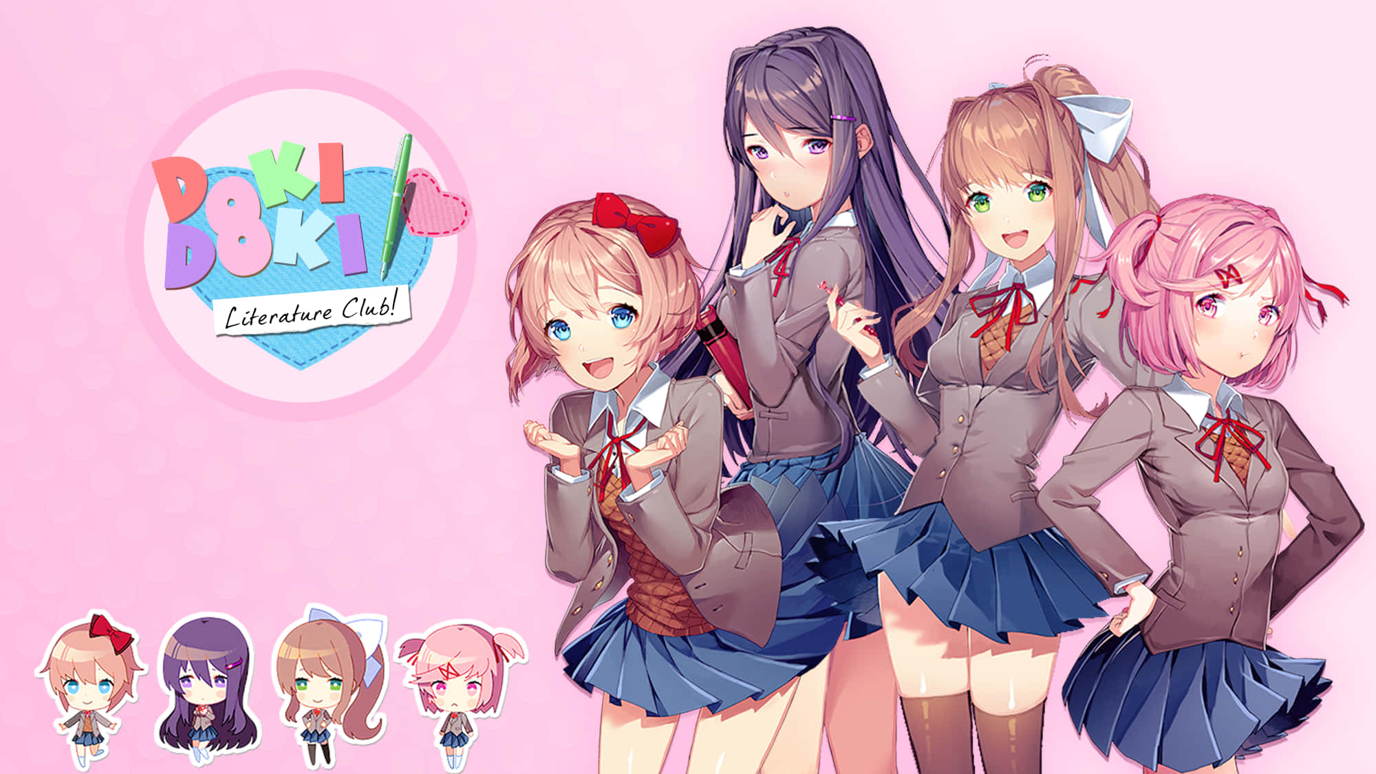 دختران DDLC با لوگو روی پس‌زمینه سفید والپیپر