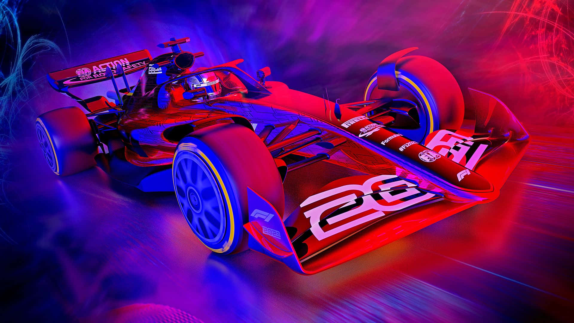 ماشین مسابقه‌ای بنفش و قرمز بازی F1 با ظاهری جذاب والپیپر