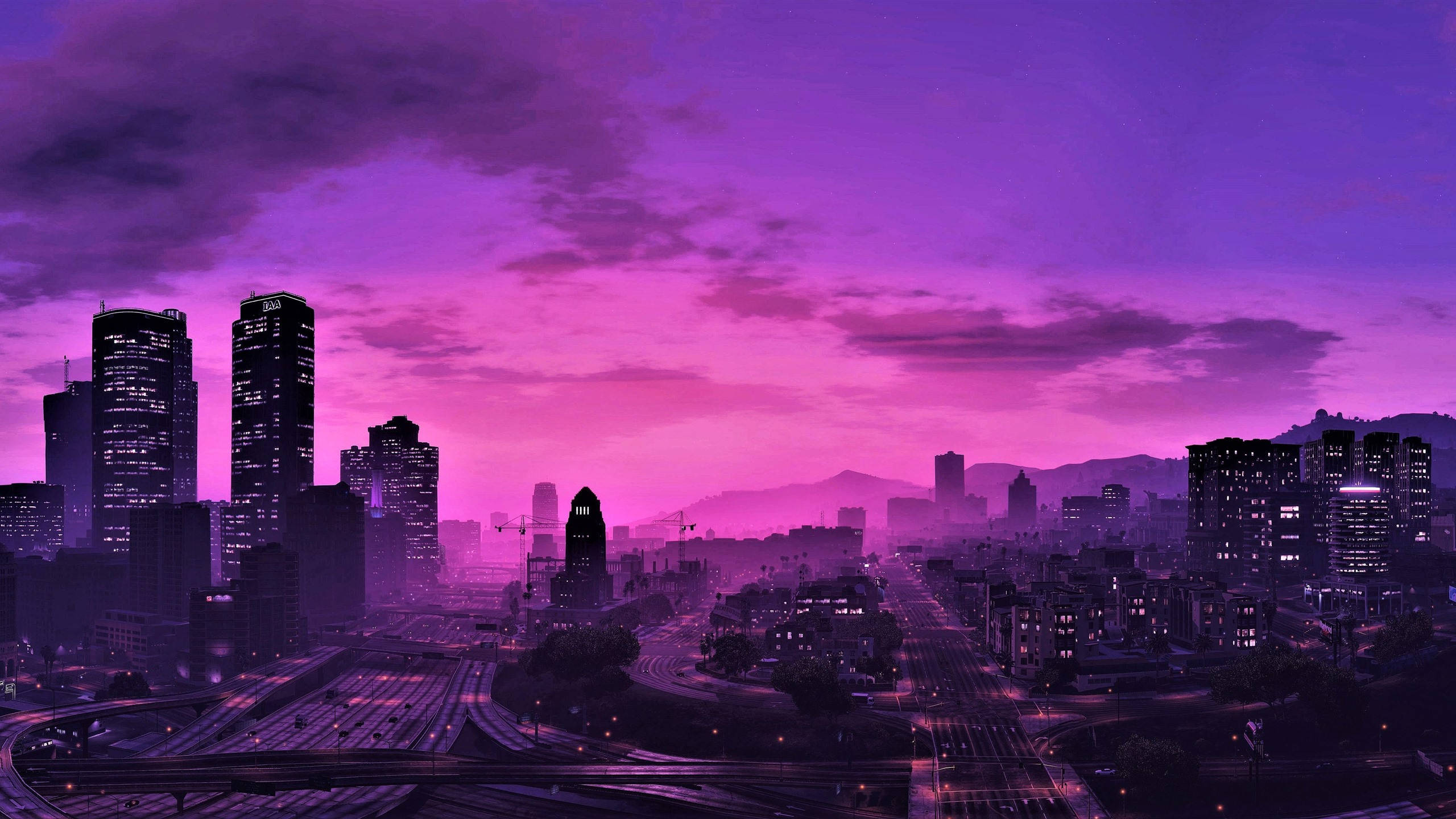 GTA 5 2560x1440 آسمان بنفش شبانه والپیپر