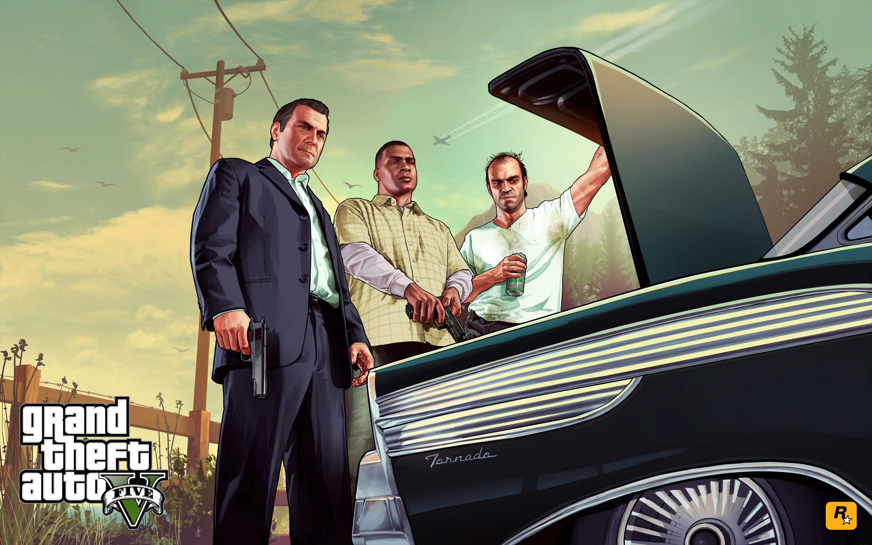 چهار شخصیت GTA 5 در حال بررسی کاپوت خودرو والپیپر