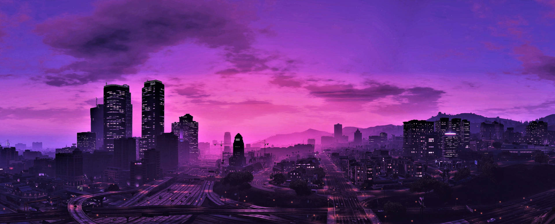 GTA 5 آسمان بنفش و خط افق شهر 1080p بازی — جی‌تی‌ای والپیپر