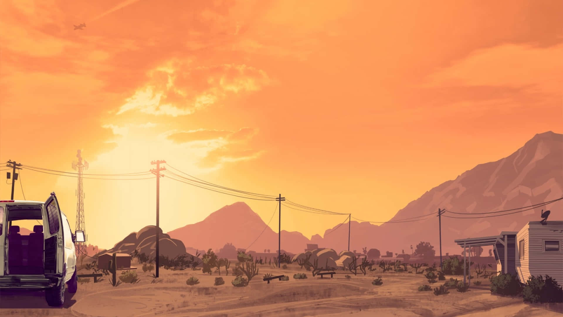 آسمان نارنجی بر فراز کوه‌ها در پس‌زمینه GTA والپیپر