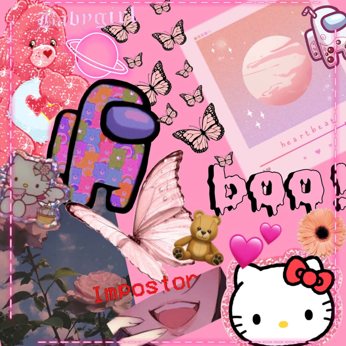 Hello Kitty، خرس عروسکی و سایر وسایل روی پس‌زمینه صورتی والپیپر