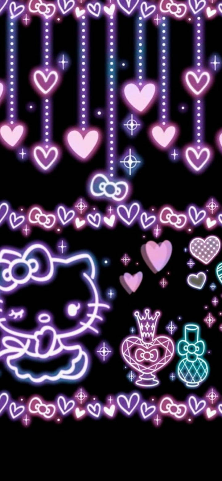 Hello Kitty بنفش نئون روی زمینه مشکی والپیپر