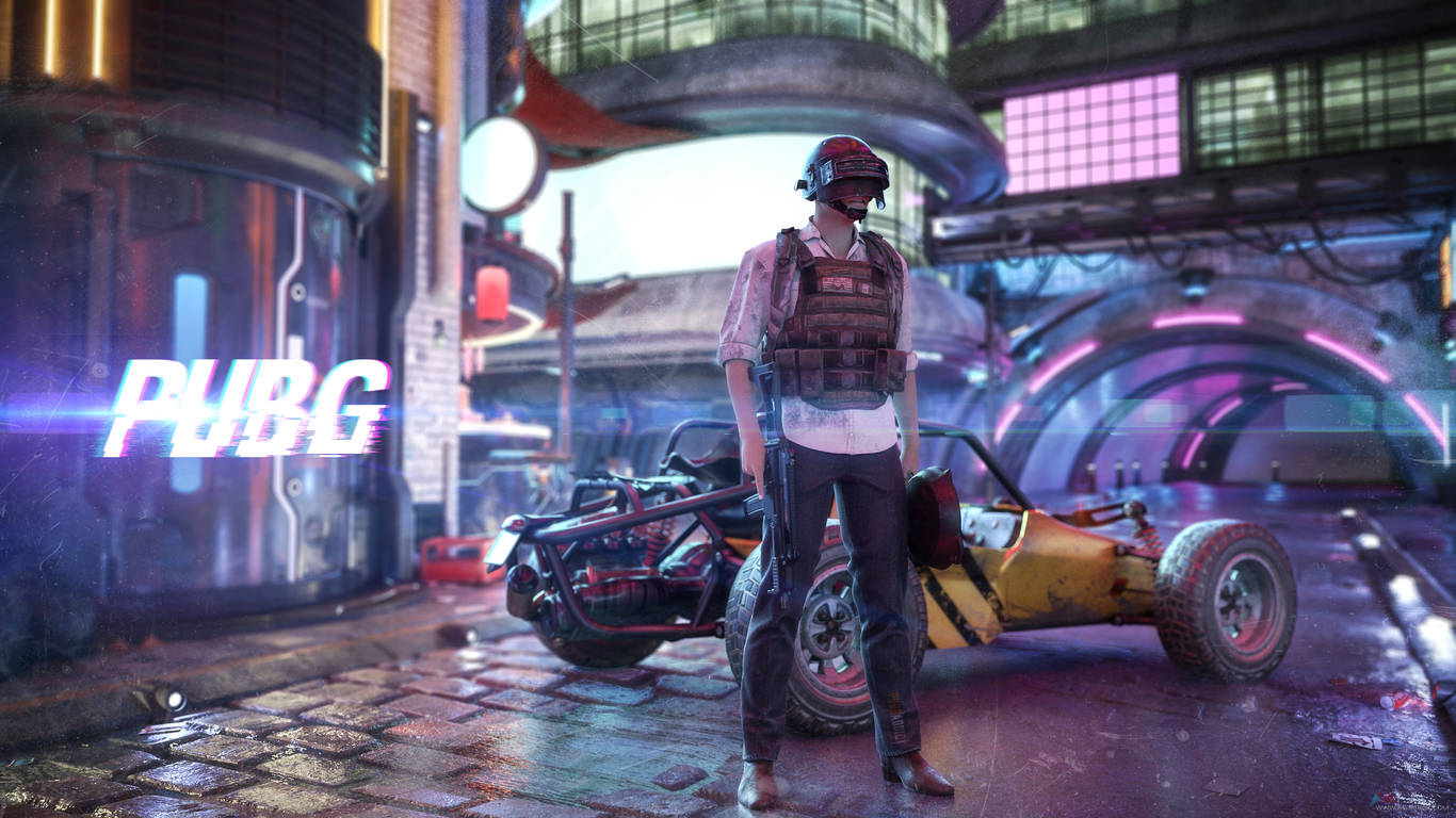 ویکتور در شهر نئونی PUBG 1366x768 والپیپر