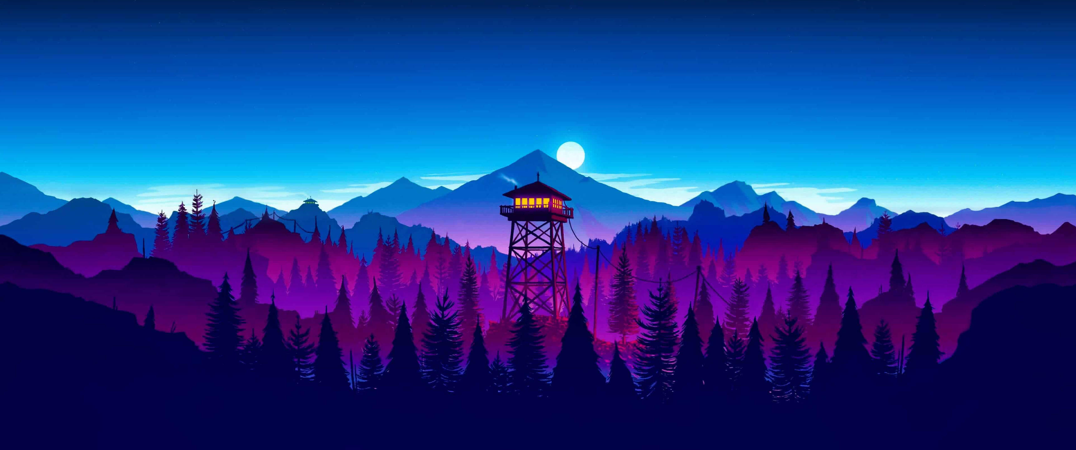 برج دیده‌بانی در wilderness مینیمال 3440x1440 والپیپر