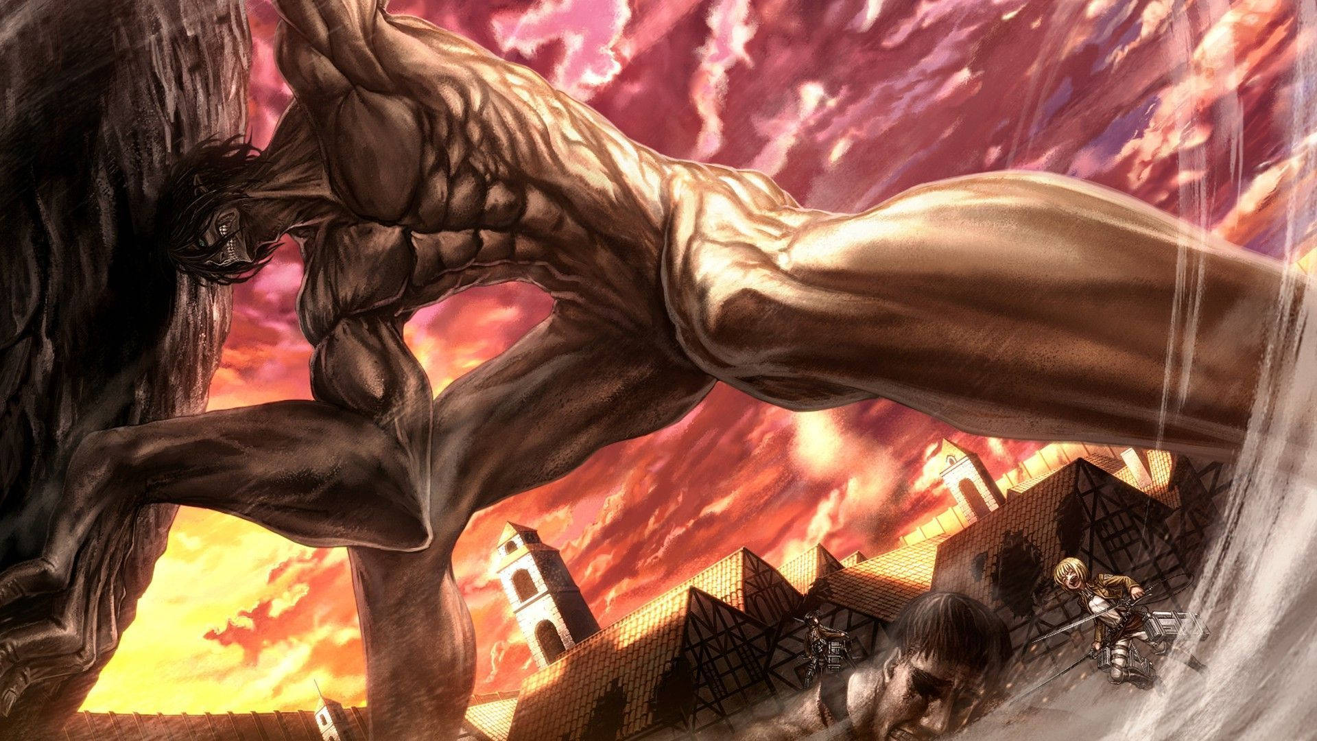 والپیپر Attack On Titan از تایتان ارن که تخته‌سنگی را برای بستن سوراخ در منطقه تروست حمل می‌کند