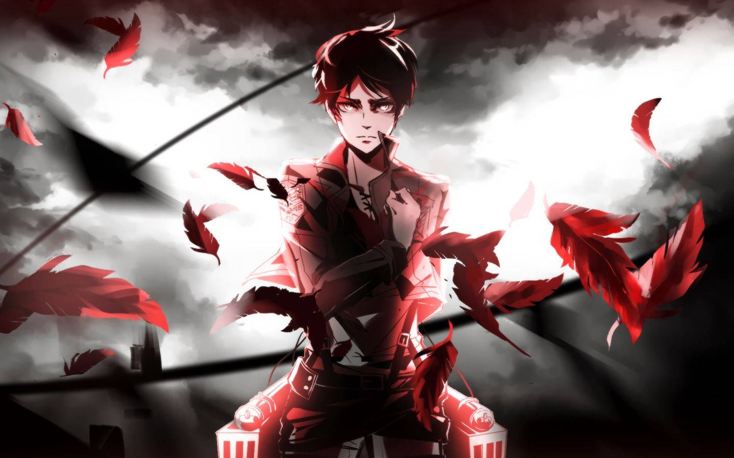 ارن یگر در حال انجام حرکت سلام با پرهای قرمز شناور در والپیپر هنر هواداری Attack on Titan