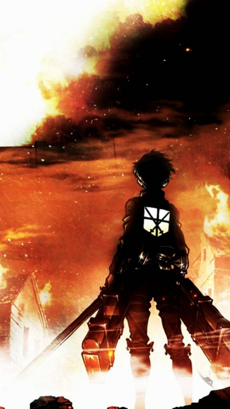 نمای پشت ارن یگر با دود و آتش در والپیپر Attack On Titan.