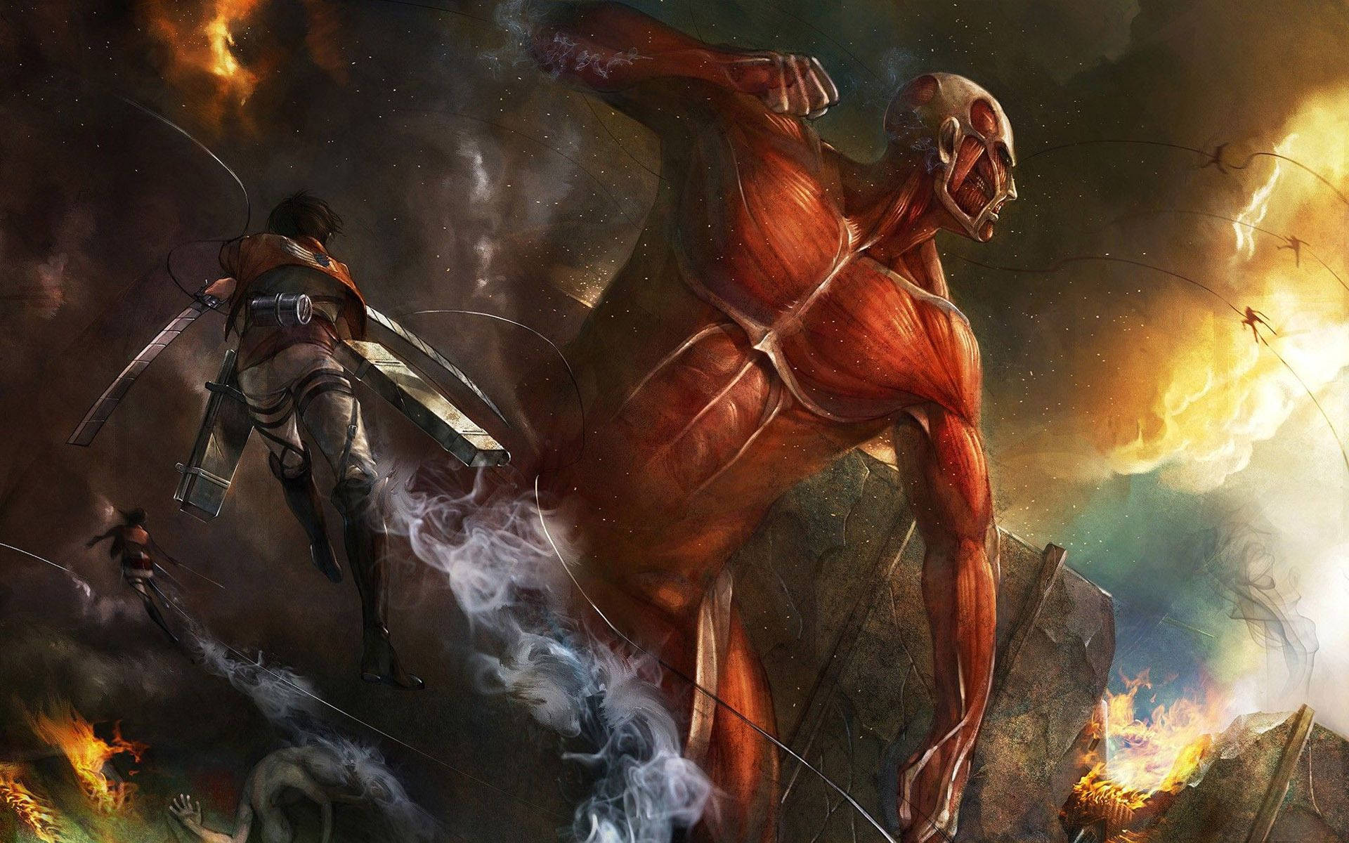 سپاه شناسایی و ارتش گاریسون در حال نبرد با غول عظیم الجثه در والپیپر هنری Attack on Titan.