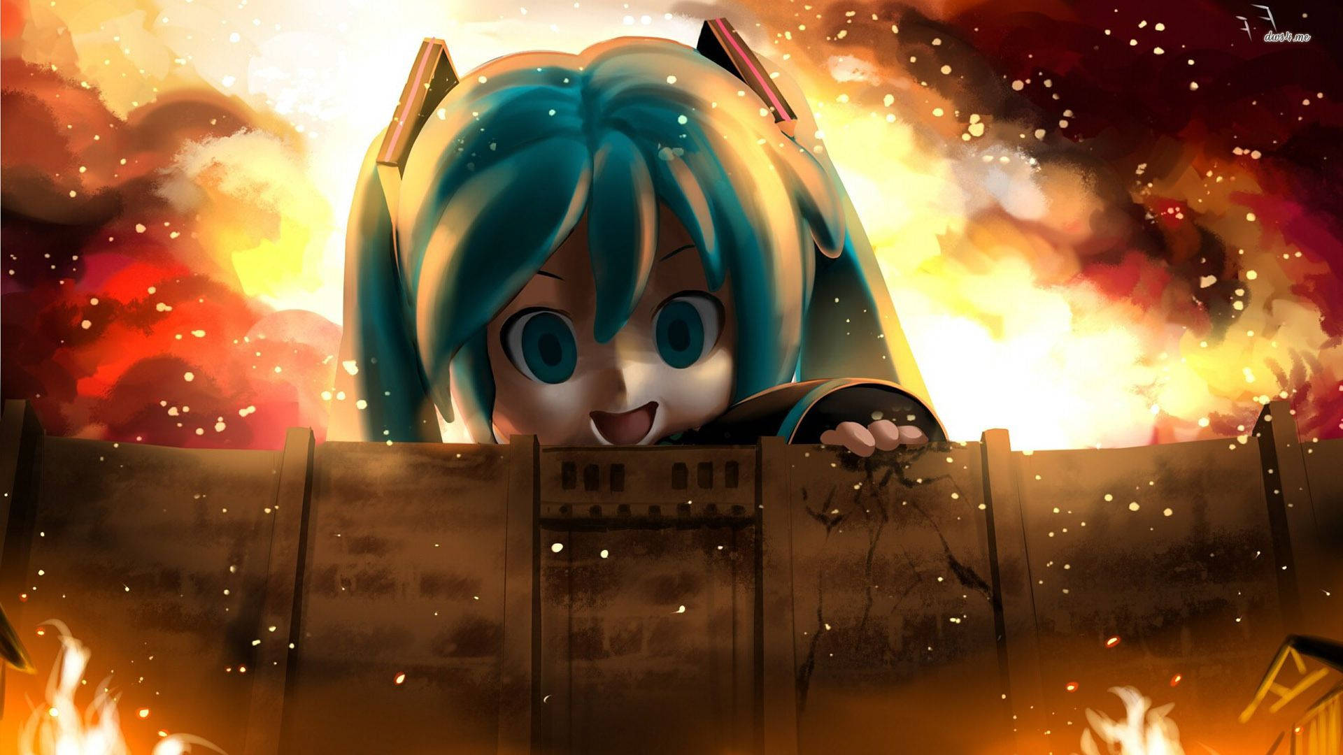 میکو هاتسونه از پشت دیوار به عنوان تایتان عظیم‌الجثه در والپیپر فان آرت کراس‌اوور Attack on Titan نگاه می‌کند.
