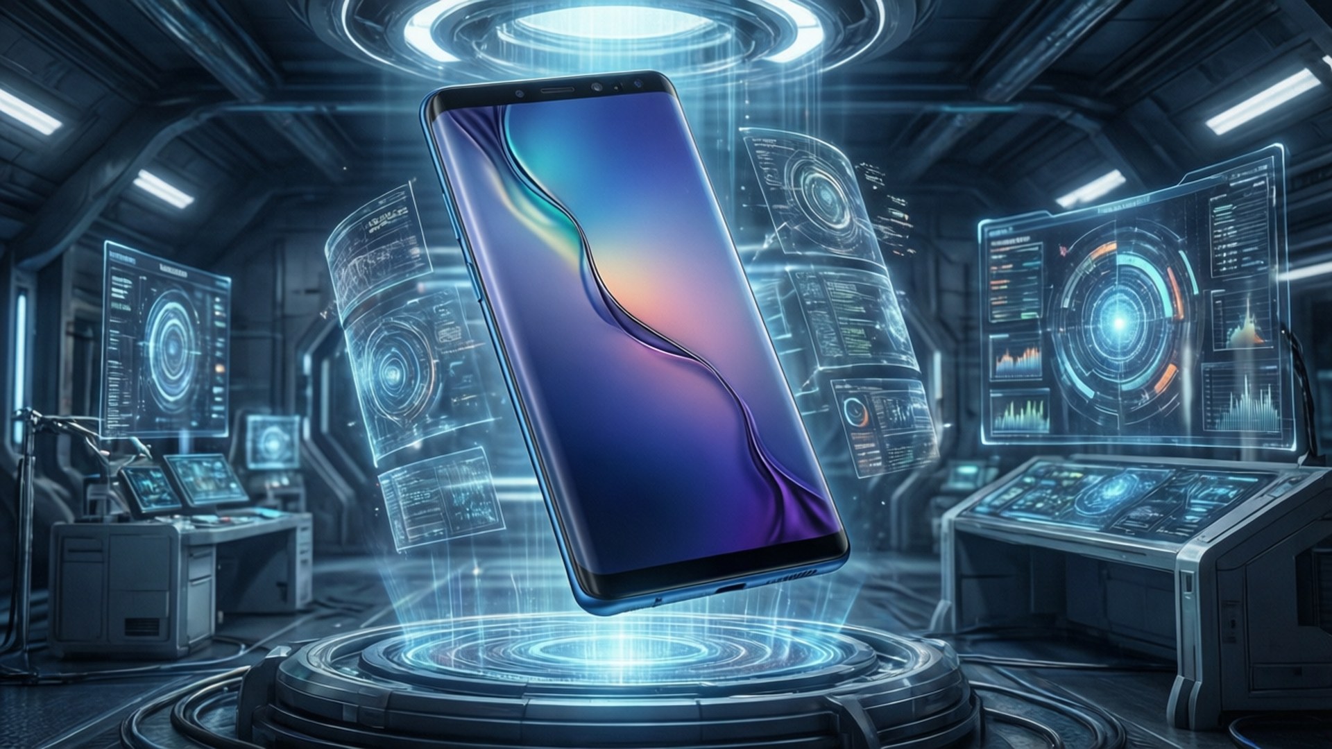 والپیپر علمی-تخیلی با گلکسی اس ۱۰ شناور در یک آزمایشگاه هولوگرافیک. — Galaxy s10 گیف والپیپر