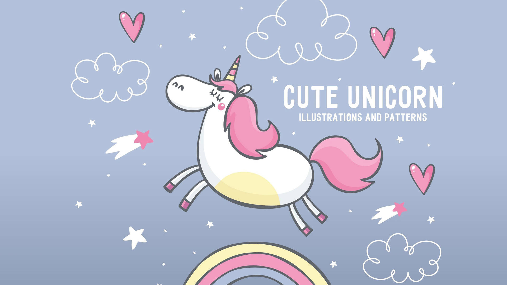 تصاویر و الگوهای بامزه تک‌شاخ صورتی با رنگین‌کمان، ابرها، قلب‌ها و ستاره‌ها — تک‌شاخ والپیپر