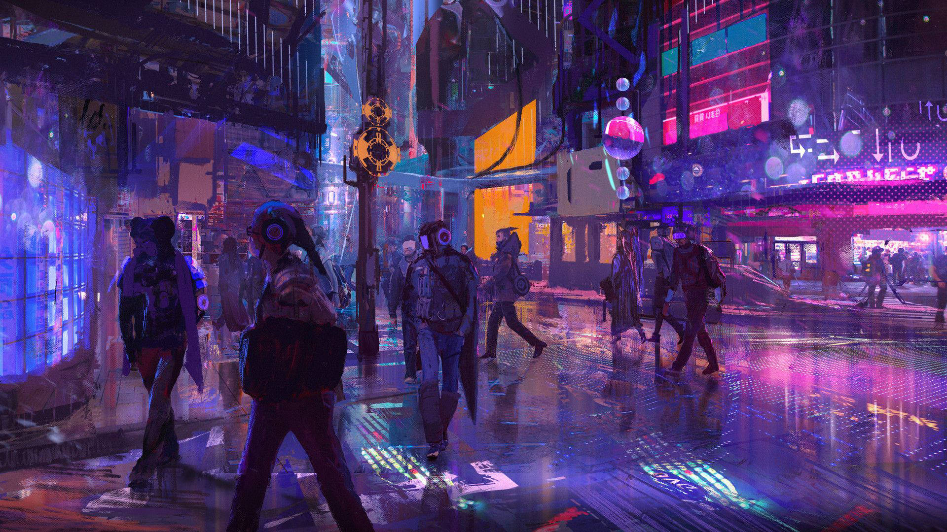 خیابان سایبرپانک با زیبایی شناسی نئون بنفش والپیپر