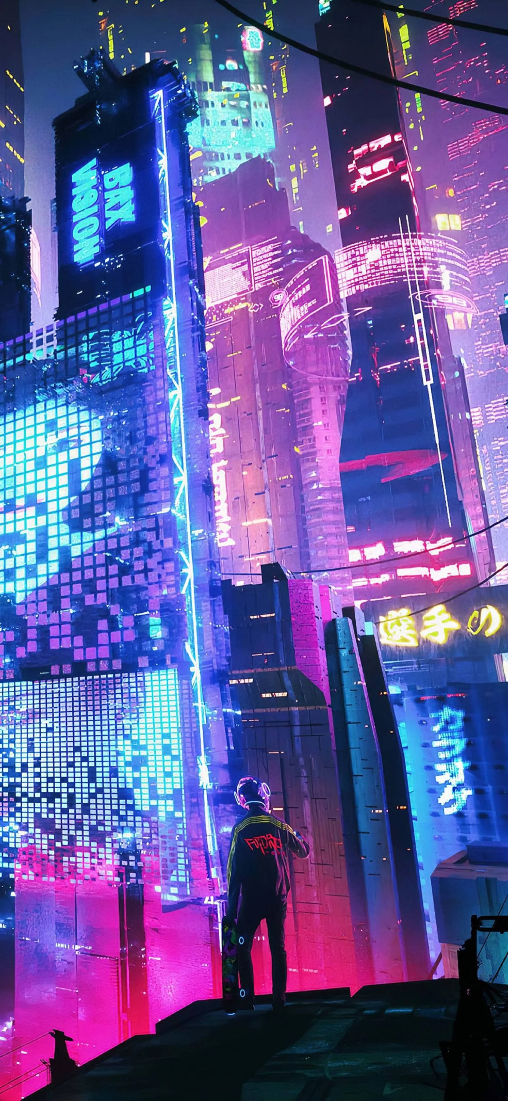 دختری با افکت نئون در شهر نئون 4K آیفون والپیپر