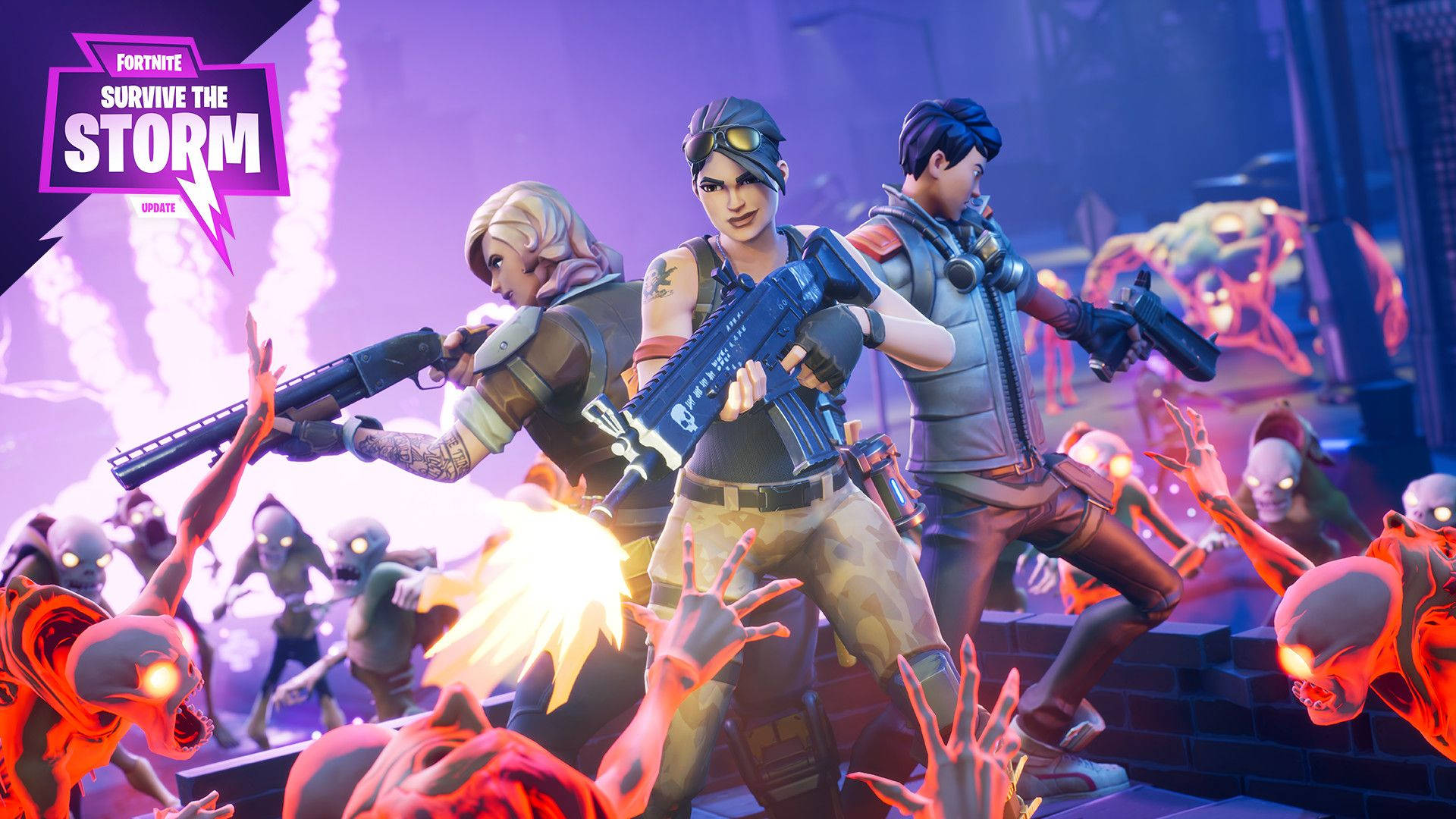 تصویر زمینه اچ‌دی از دو زن و یک مرد که در فورت‌نایت Survive The Storm با هیولاها می‌جنگند