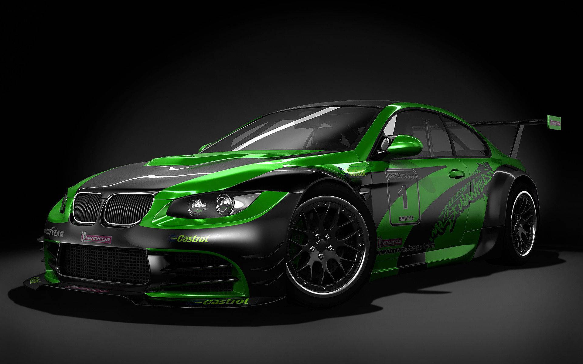 والپیپر خودروی اسپرت BMW M3 سبز و مشکی در اتاق سیاه — بی‌ام‌و والپیپر