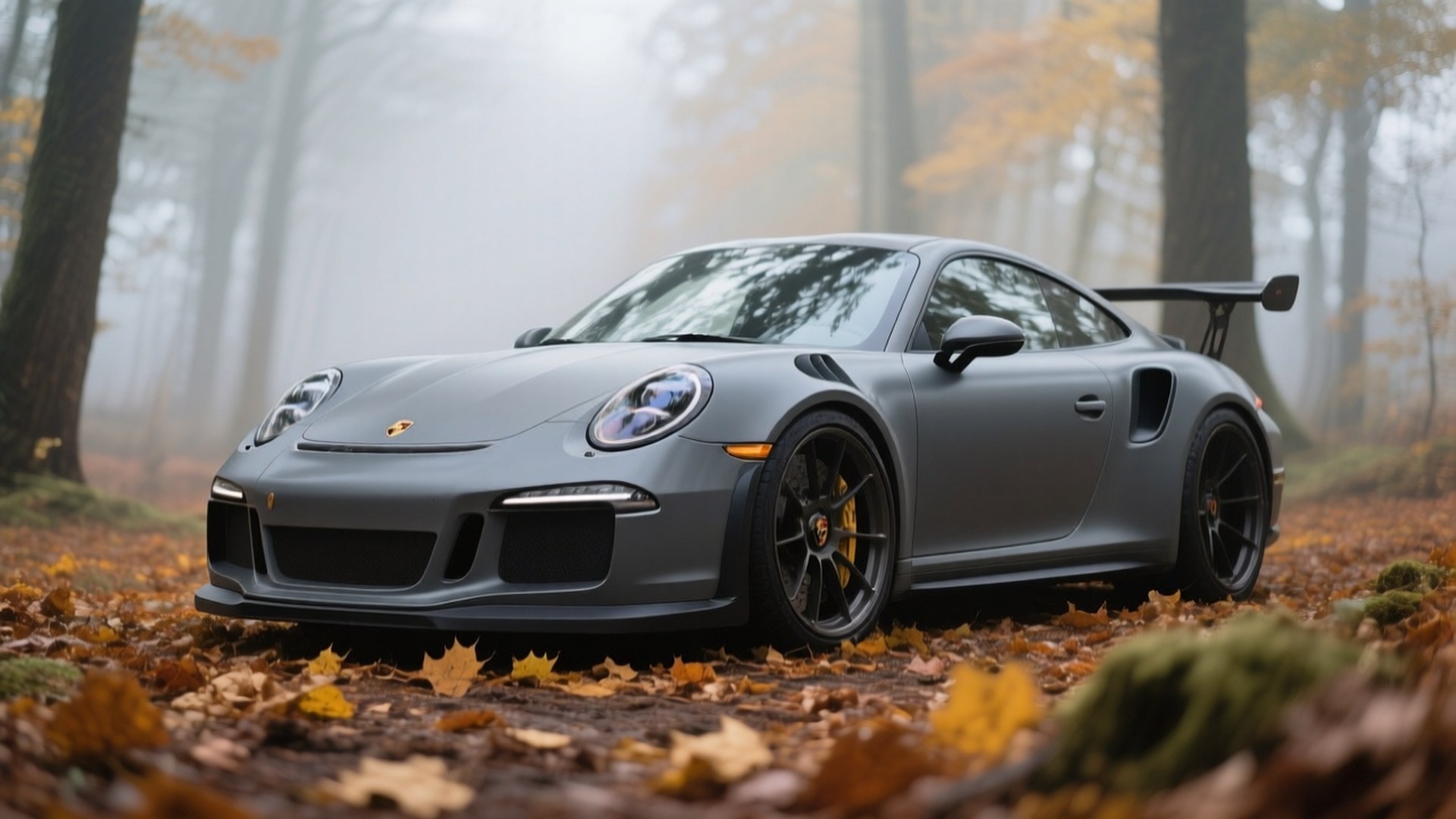 پورشه 911 GT3 RS خاکستری مات در جنگل پاییزی