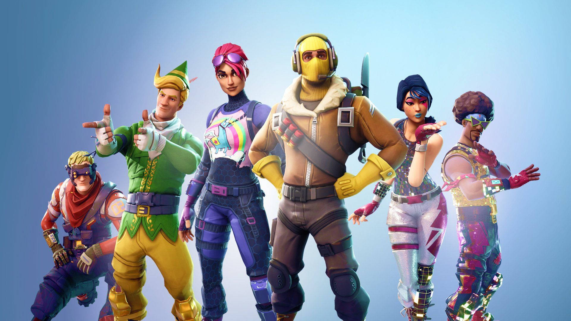 6 شخصیت فورتنایت در پس‌زمینه آبی اُمبره والپیپر HD. — فورتنایت والپیپر