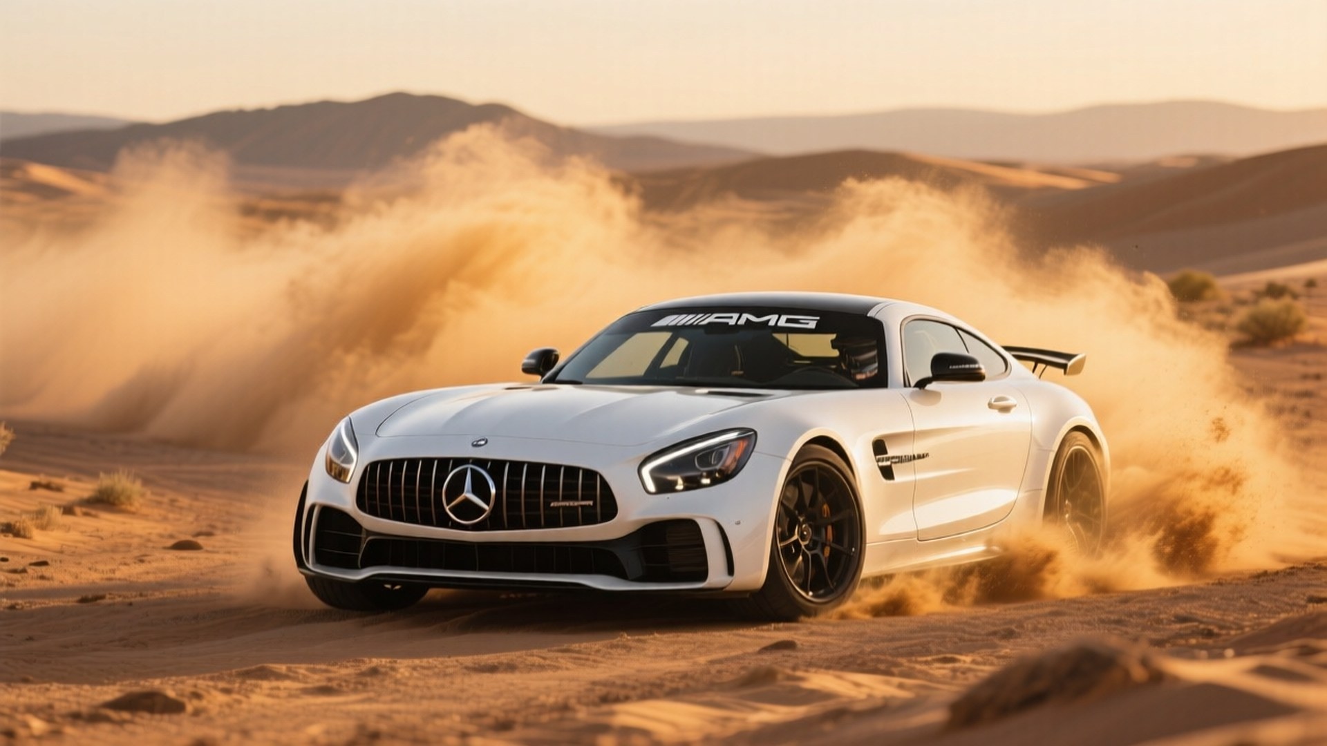 مرسدس-AMG GT R سفید در حال رانش در بیابان در ساعت طلایی