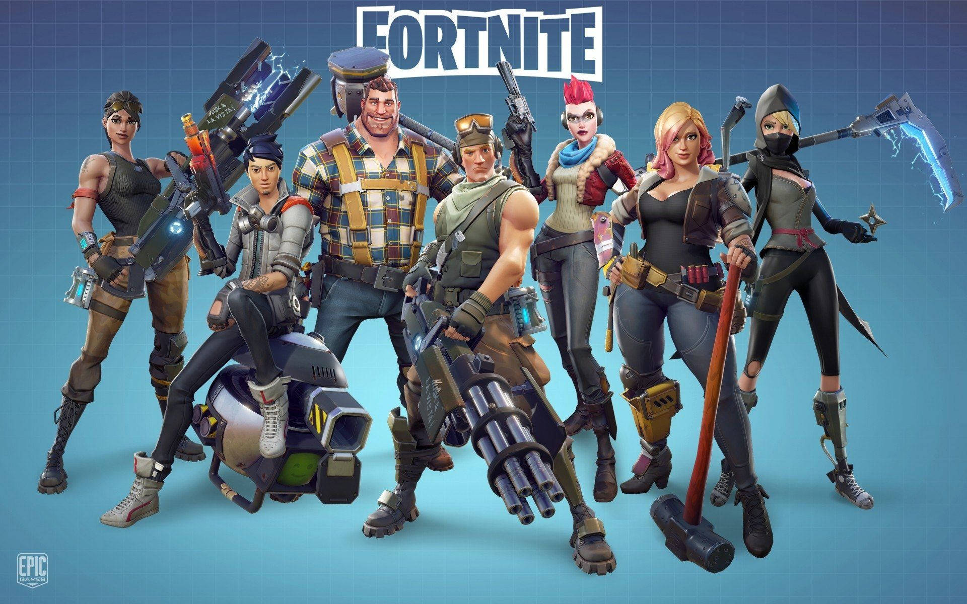 شخصیت‌هایی از فورتنایت که در پس‌زمینه آبی اُمبر با هم ژست گرفته‌اند.