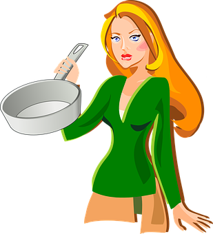 زن کارتونی در حال نگه داشتن ماهیتابه والپیپر