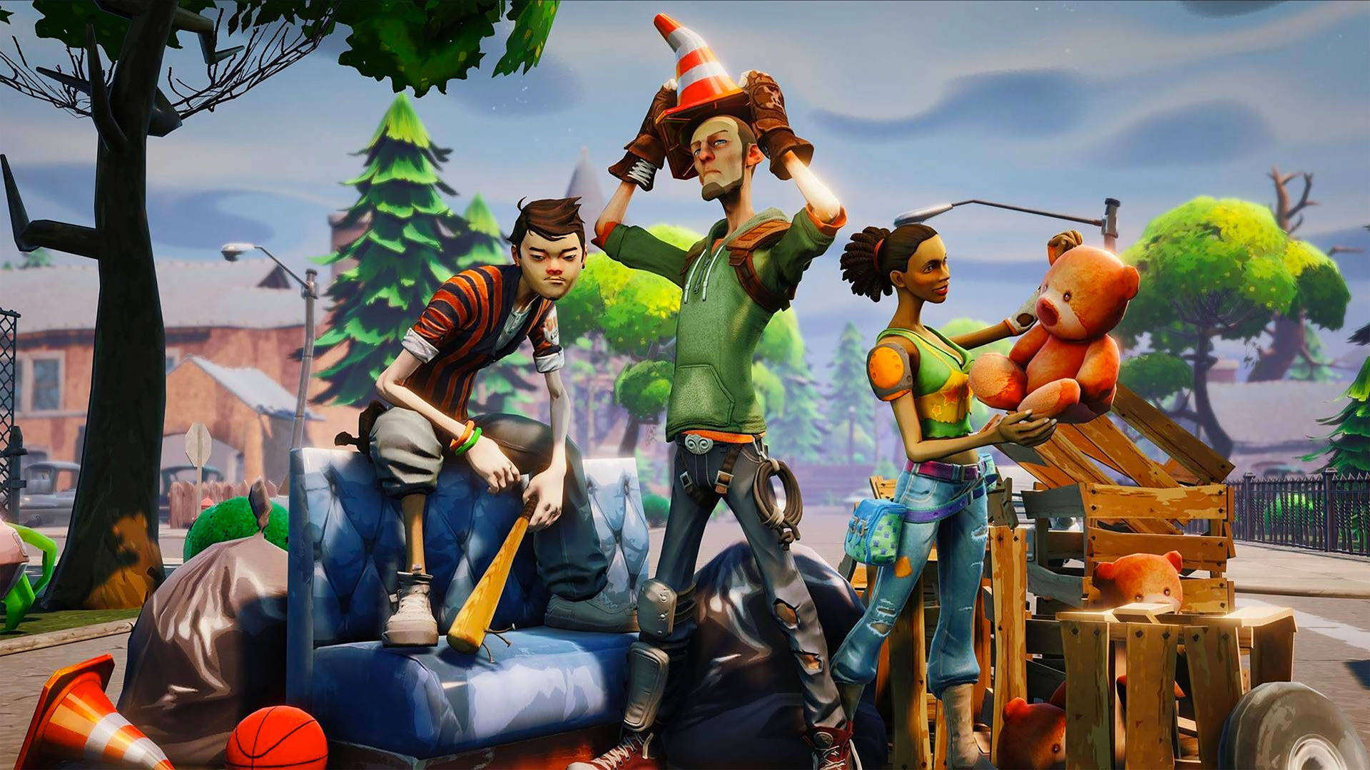 سه شخصیت از Fortnite در خیابان‌ها در حال ژست گرفتن - والپیپر HD.