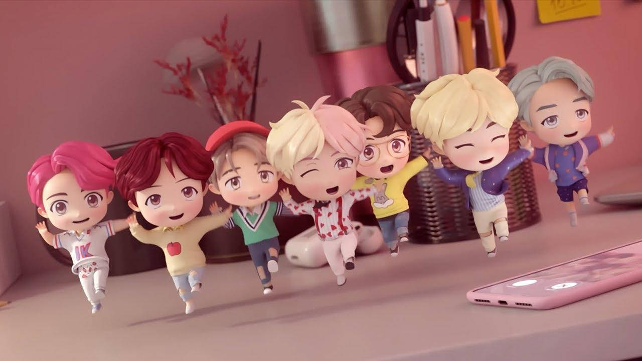 شخصیت‌های TinyTAN از BTS در حال رقص روی لپ‌تاپ والپیپر