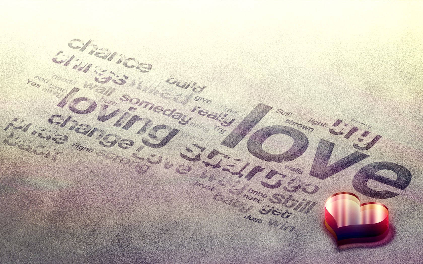 کلمات مختلف عشق مانند «loving» روی سطح خاکستری با یک قلب سه‌بعدی قرمز براق در کنار. — عشق والپیپر