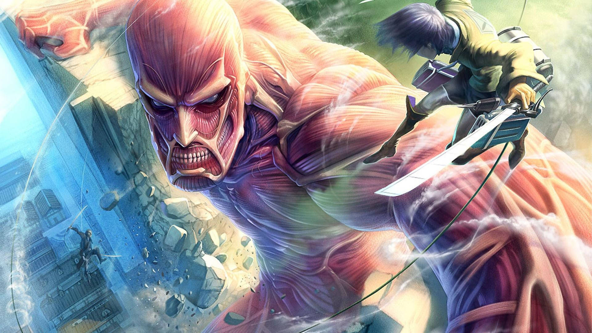 غول عظیم الجثه خشمگین در حال نبرد با ارن در وال ماریا در والپیپر هنری Attack On Titan.