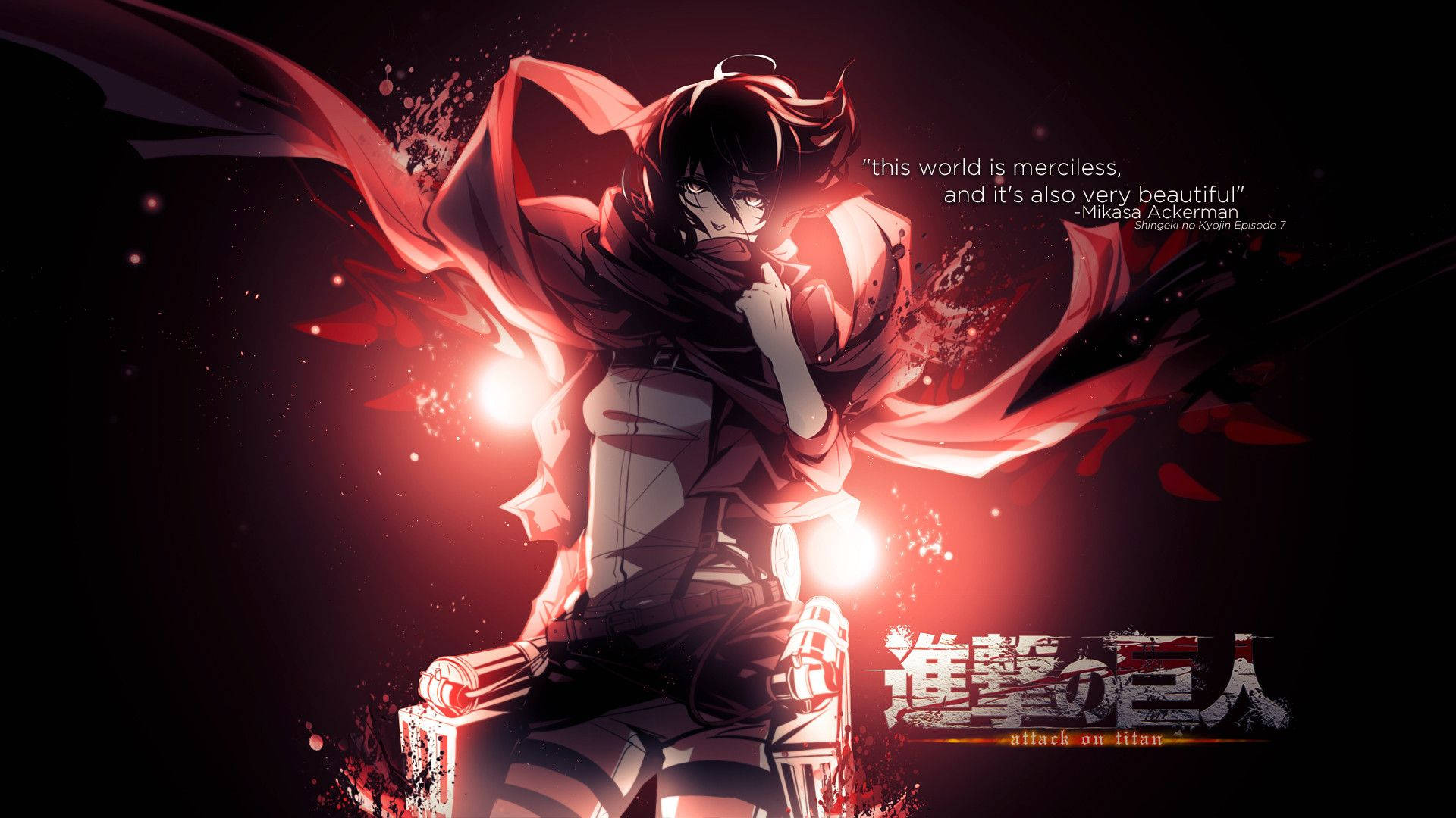 میکاسا آکرمن که شال قرمزی را به صورتش گرفته با نقل قول در والپیپر Attack on Titan.