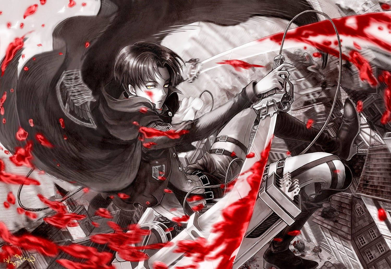 والپیپر فان آرت Attack on Titan از کاپیتان لوی آکرمن فرمانده گروه با خون‌پاشی.