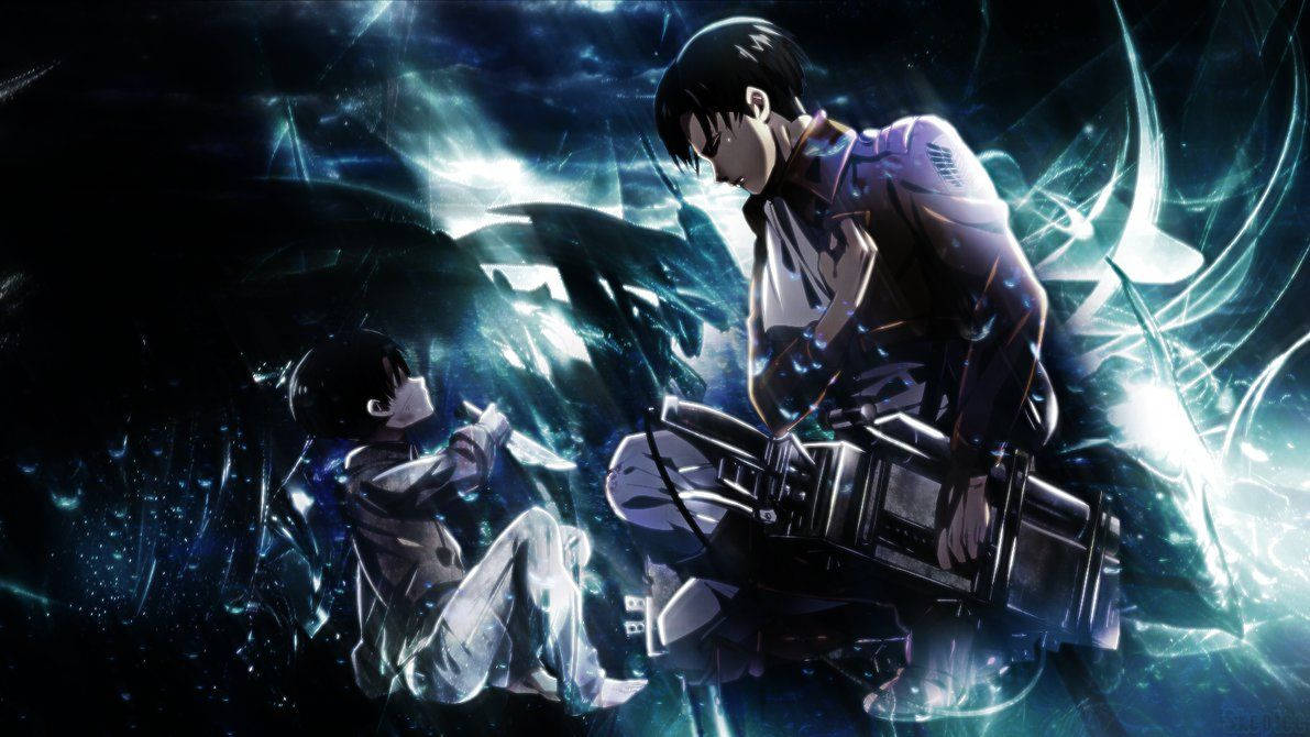 والپیپر لوی چمباتمه‌زده Attack on Titan که به خود جوان‌ترش نگاه می‌کند.