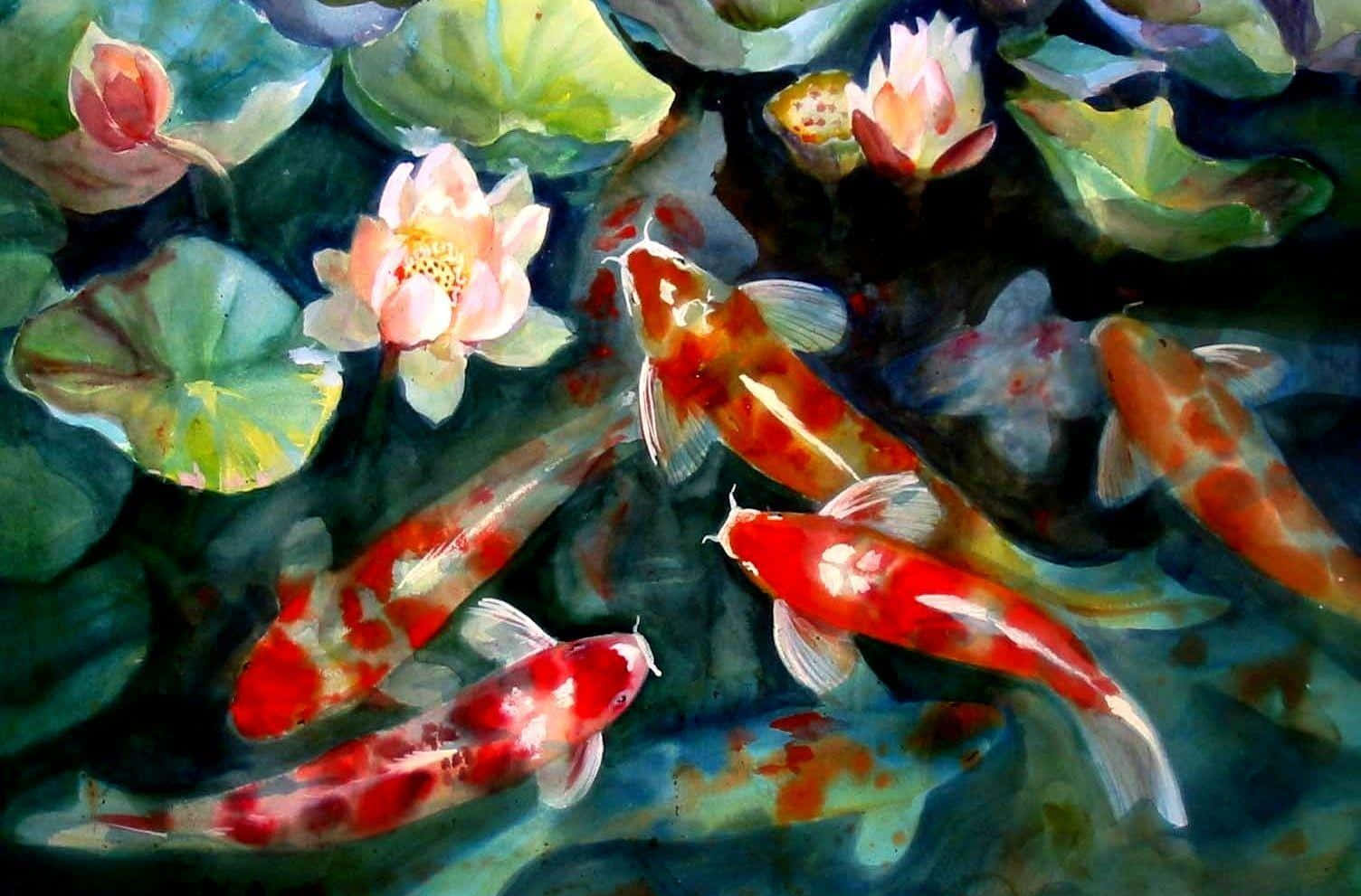 ماهی کوی نارنجی زنده و گل‌های نیلوفر آبی والپیپر