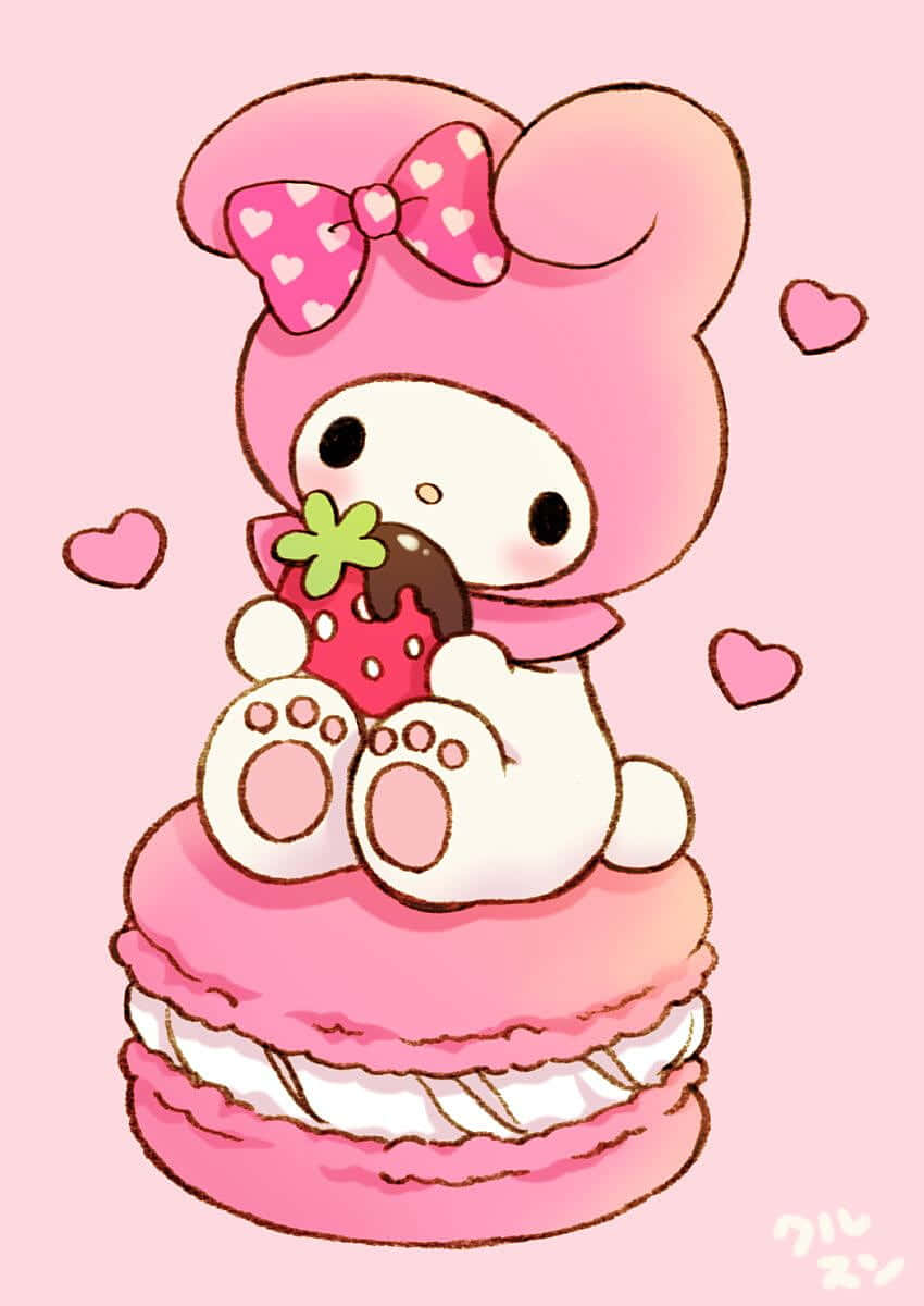 مای ملودی ناز که توت‌فرنگی روی ماکارون می‌خورد — Sanrio گیف والپیپر