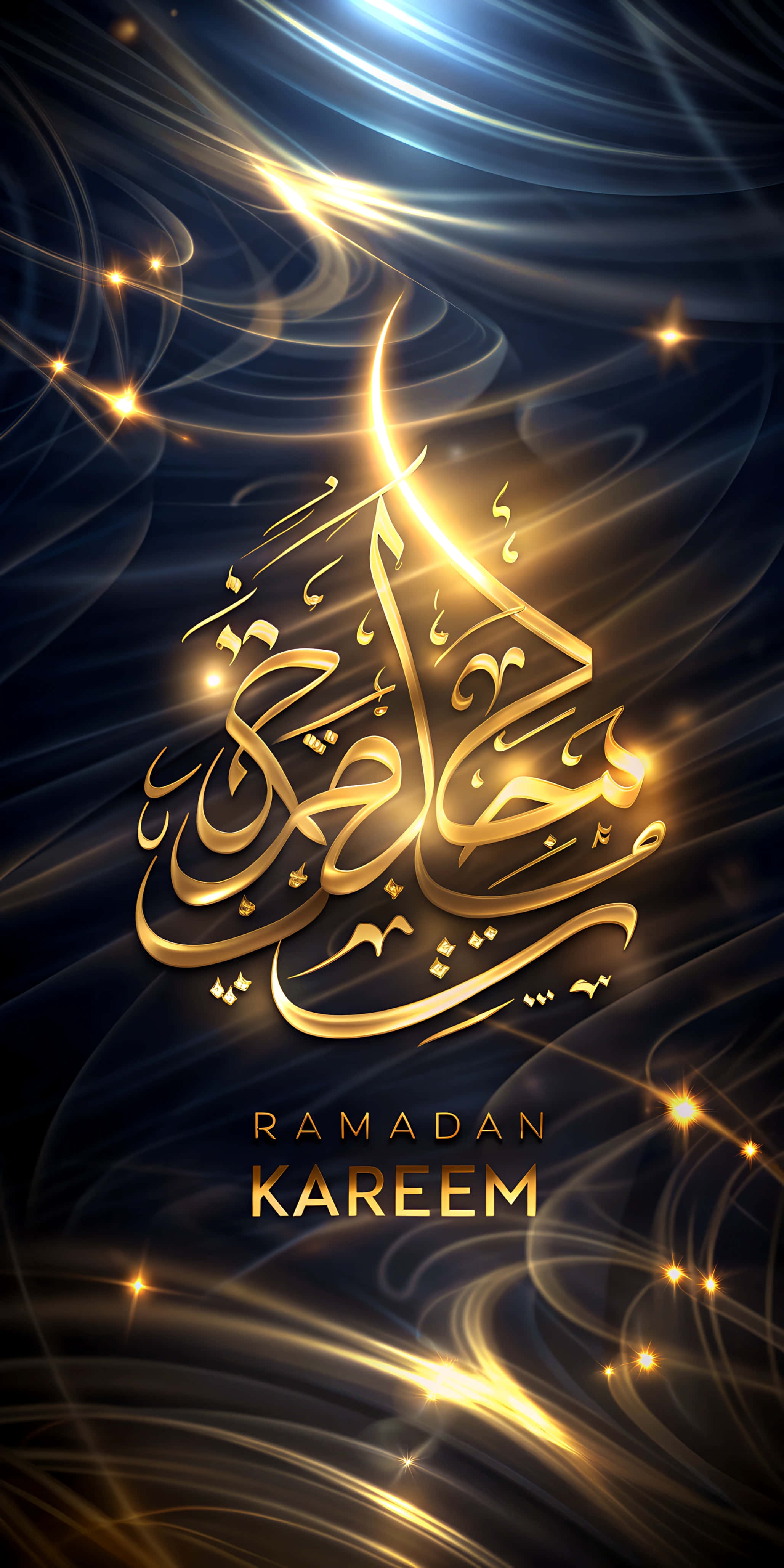متن رمضان کریم به زبان عربی و انگلیسی با درخششی طلایی بر زمینه انتزاعی شیک والپیپر