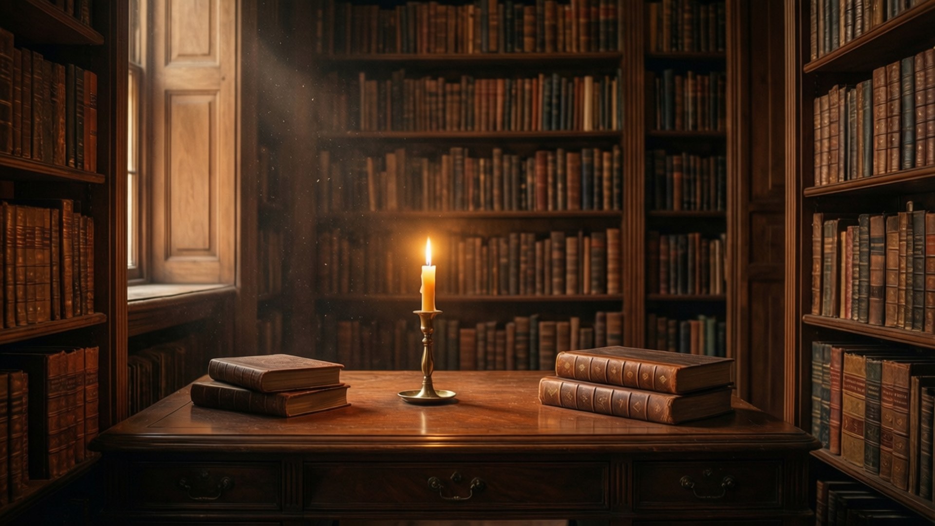 صحنه‌ای دنج از کتابخانه‌ای به سبک آکادمی تاریک با نور شمع و کتاب‌های قدیمی.