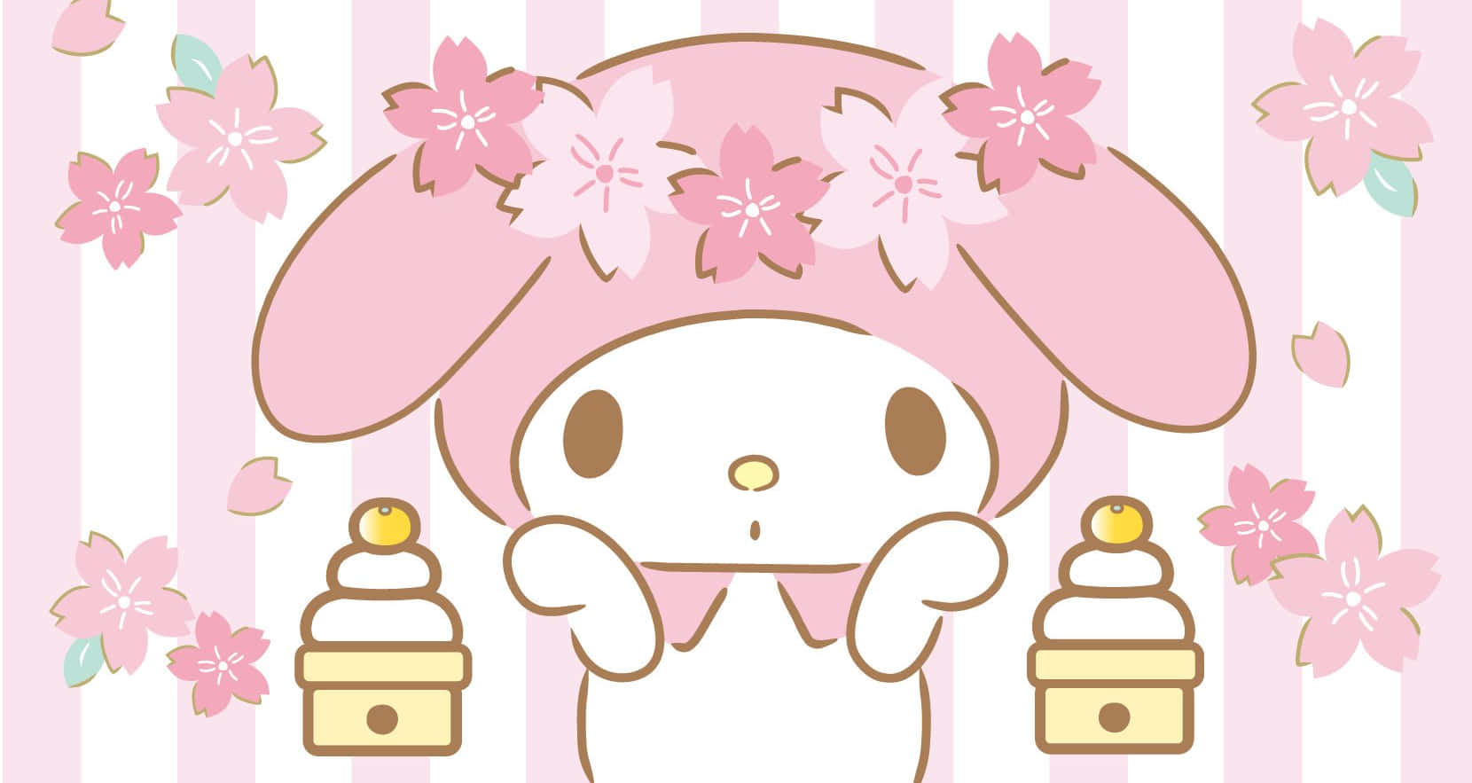 میزکار My Melody با کیک‌ها و گل‌های صورتی والپیپر