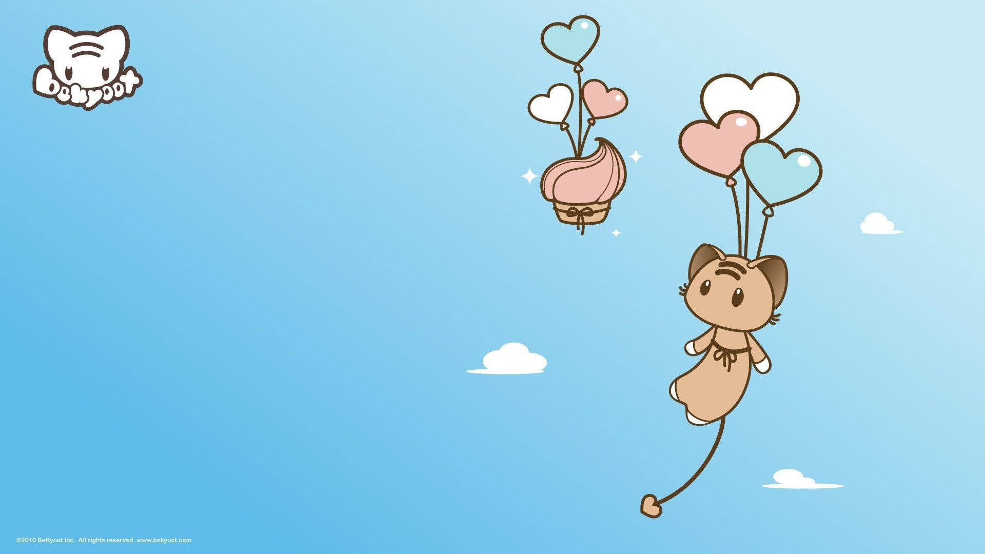 والپیپر گربه‌ی کاوائی بامزه در حال پرواز با بادکنک‌ها