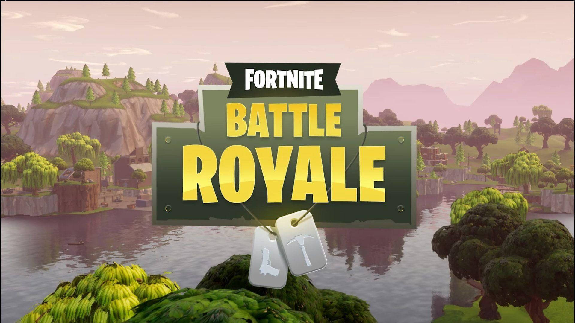 صفحه بازی فورتنایت بتل رویال با دریاچه و درختان والپیپر HD. — فورتنایت والپیپر