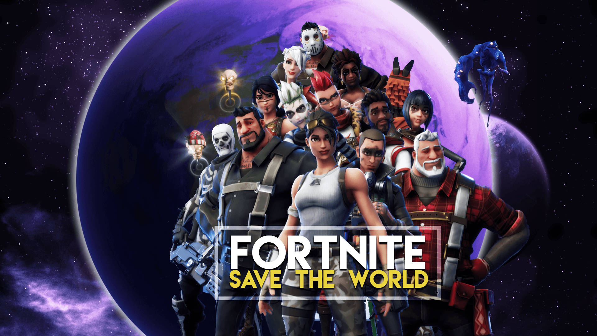 تصویر زمینه ترکیبی از چندین شخصیت از حالت نجات جهان فورت‌نایت با کره زمین